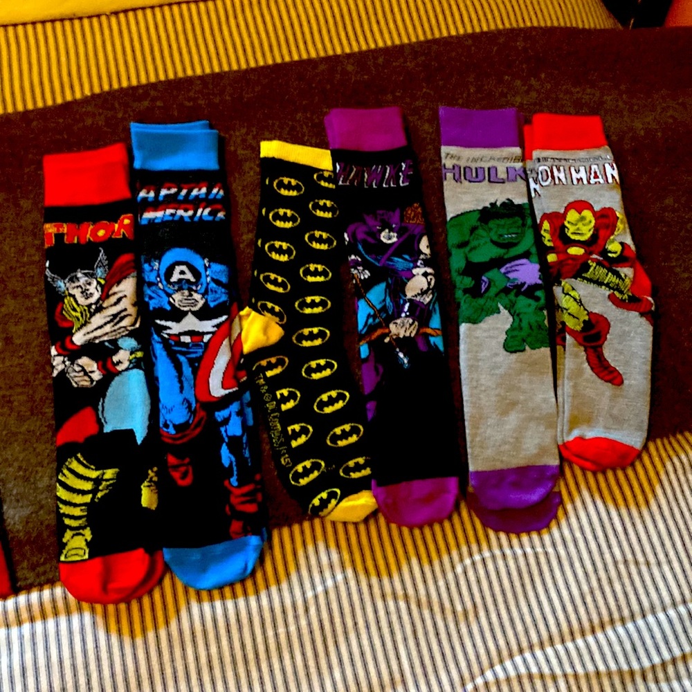 6 pairs of marvel plus a Batman socks.